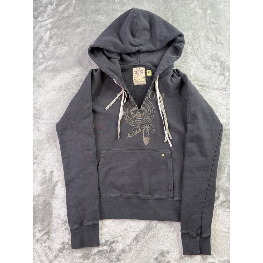 Volcom Stone Womens S Black Graphic Pullover Hoodie Lace Ties Y2K Skate Grunge